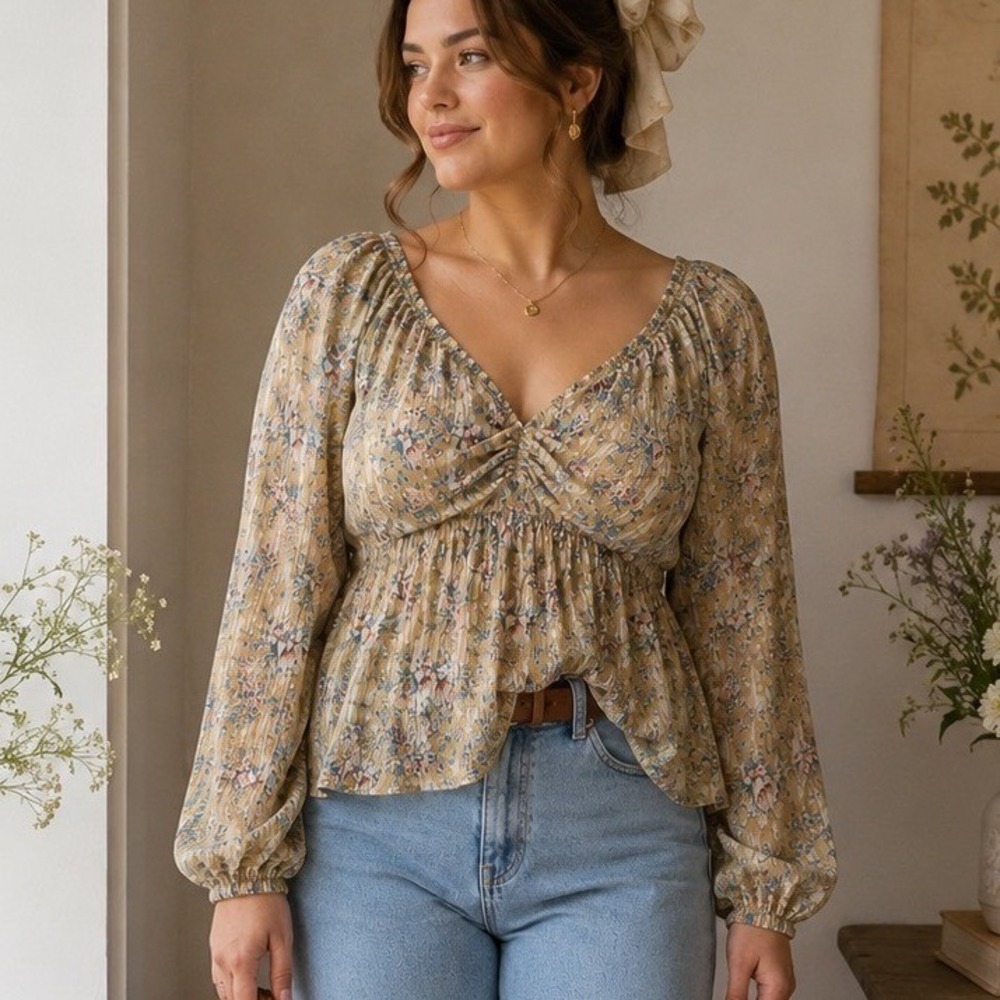 Mittoshop Floral‎ Pleated Peplum Top XL Mustard Gold Metallic Stripe Long Sleeve